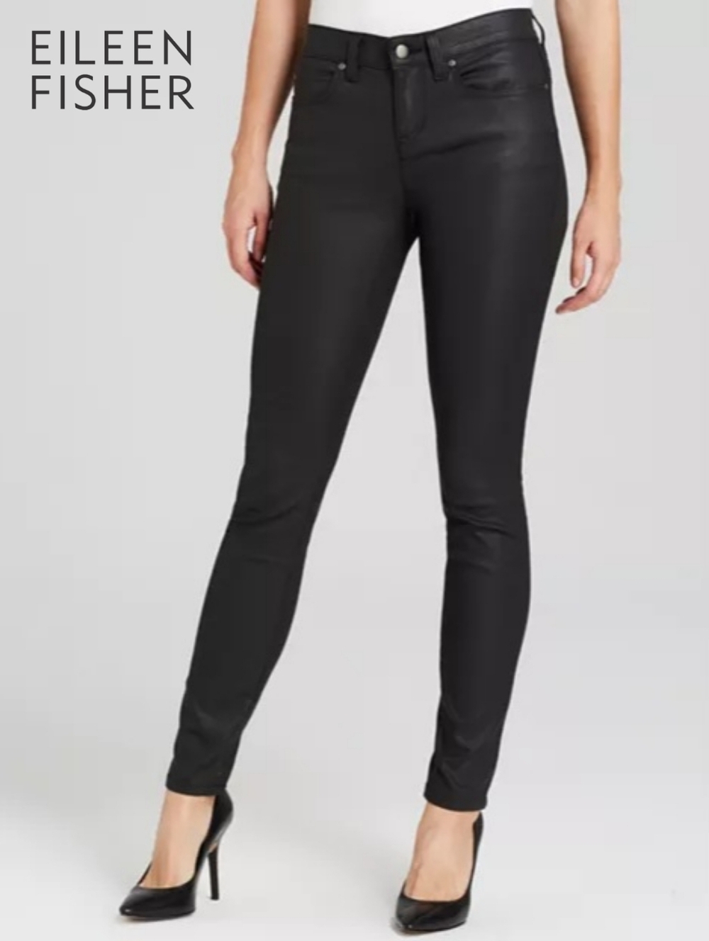 Sz 6 Eileen Fisher Black Coated Waxed Organic Cotton Denim Skinny Jeans Pants